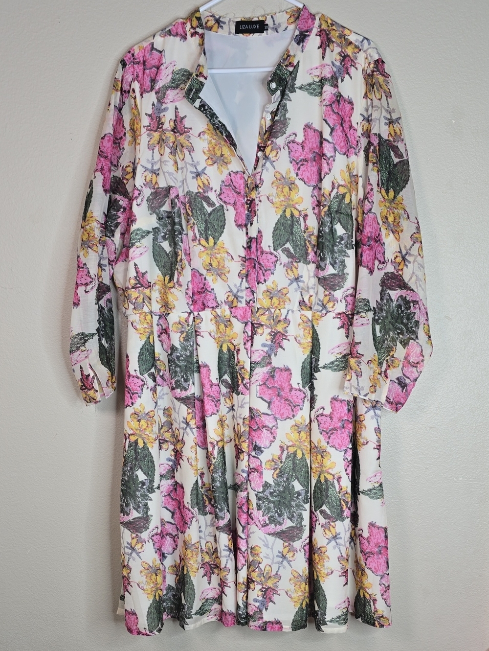 Liza Luxe Floral Button-Front Pink & Yellow Women's Midi Dress Size 3X